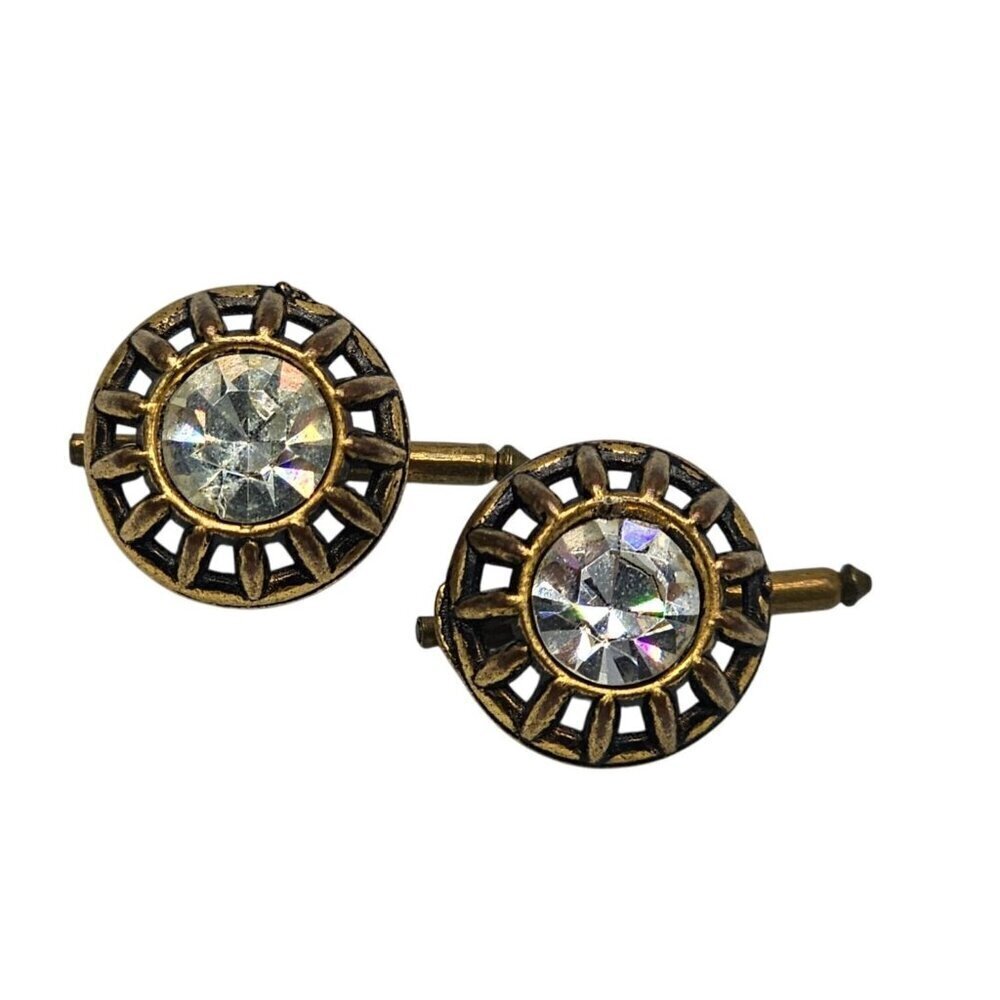 Vintage Art Deco Gold Tone Cufflinks With Clear Glass Rhinestones